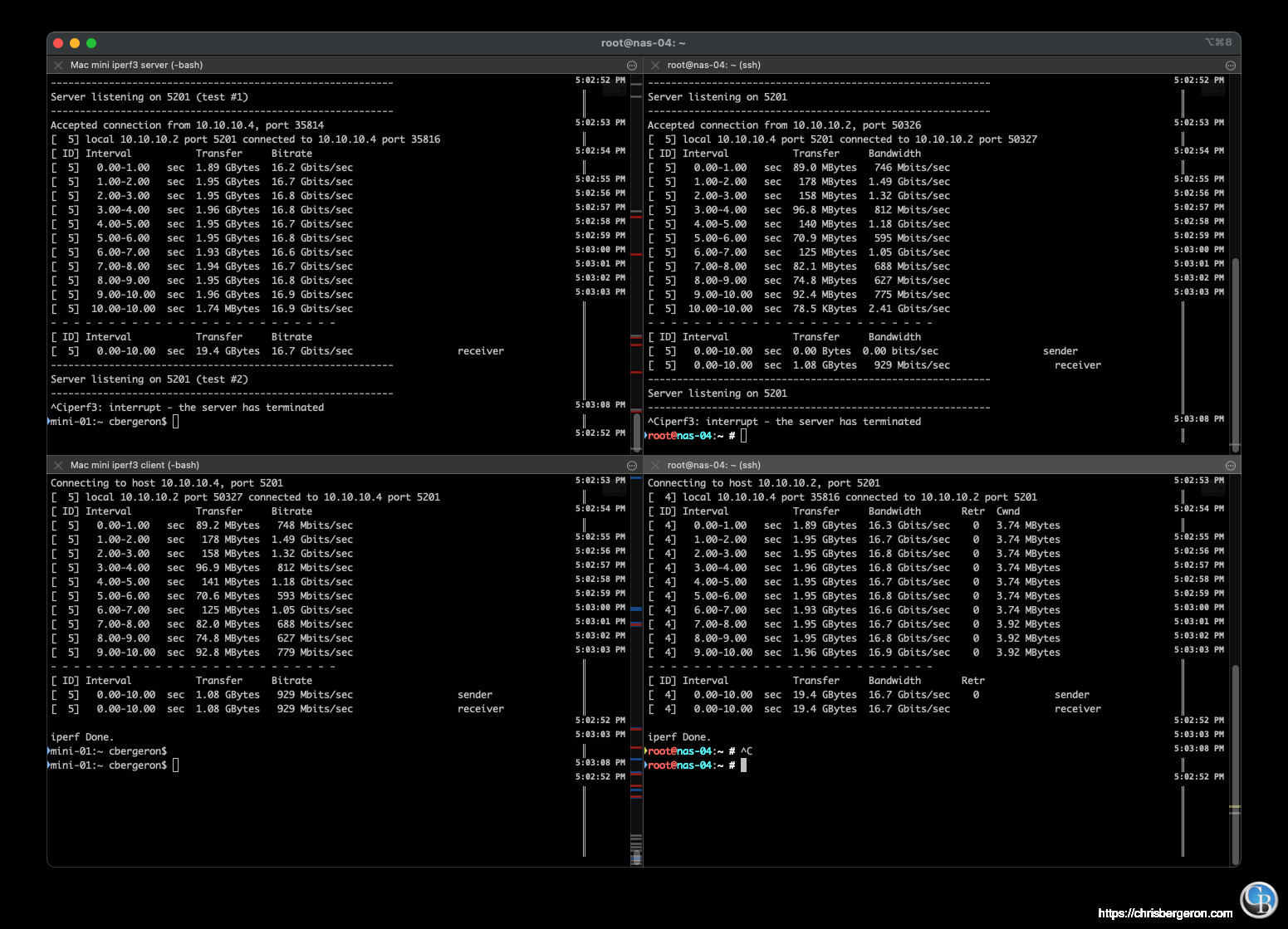 Screenshot of perplexing speeds - mixed fast and slow Not what I expected, redux. Left side is Mac, Right side is NAS.